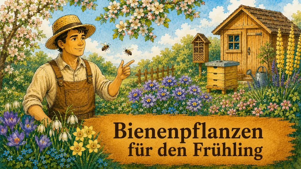 Bienenfreundlicher Frühlingsgarten mit frühen Blütenpflanzen, Wildbienenhotel und Bienenstock