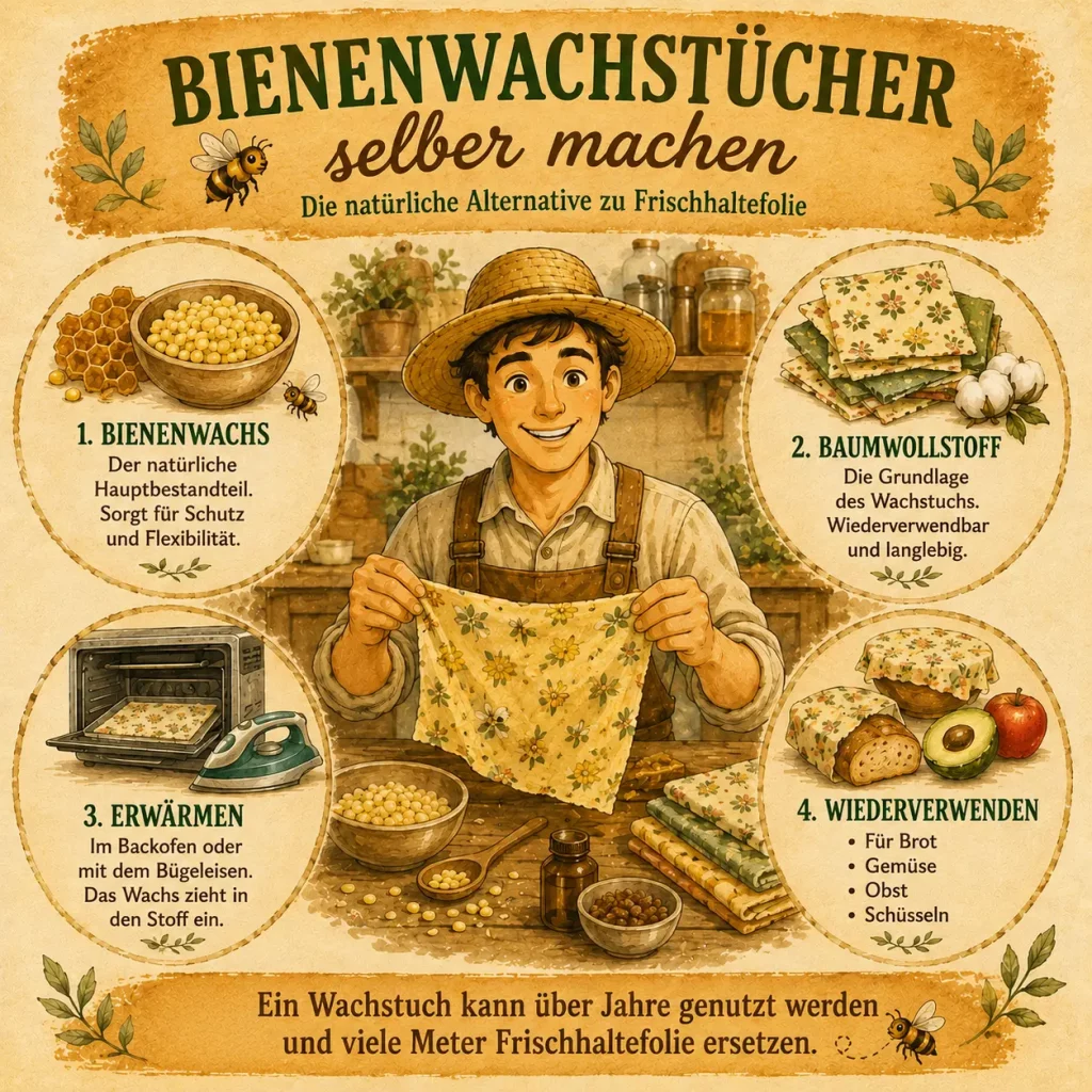 Infografik zeigt die Herstellung von Bienenwachstüchern mit Bienenwachs, Baumwollstoff, Erwärmen und Wiederverwenden im Selbstversorger-Stil