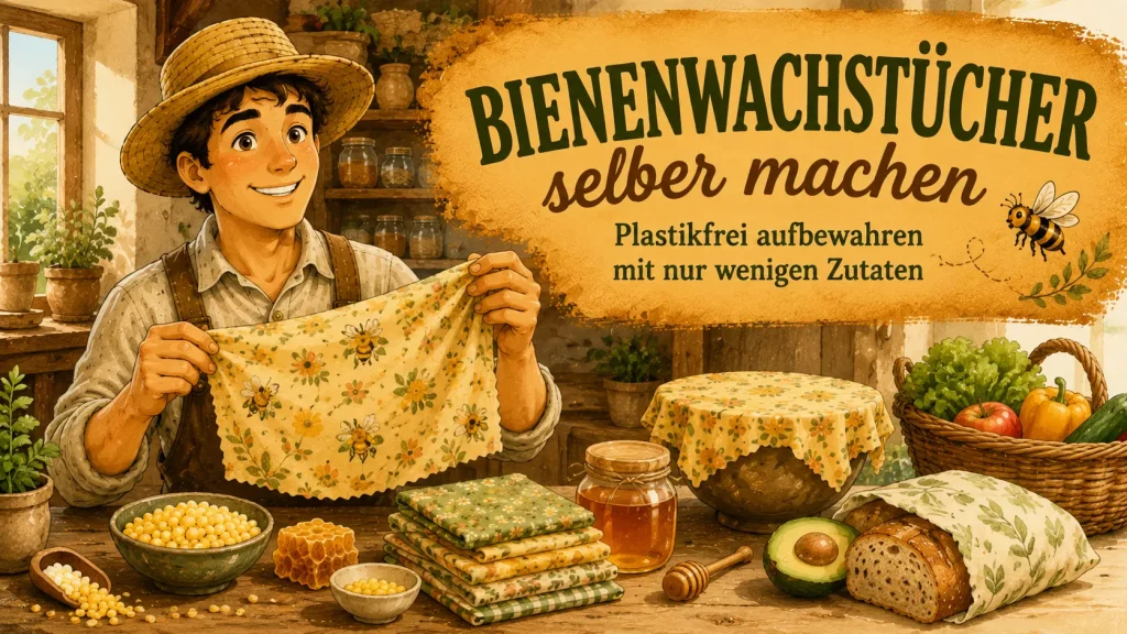 Maskottchen von Dein Selbstversorger zeigt selbst gemachte Bienenwachstücher in einer rustikalen Naturküche als nachhaltige Alternative zu Frischhaltefolie