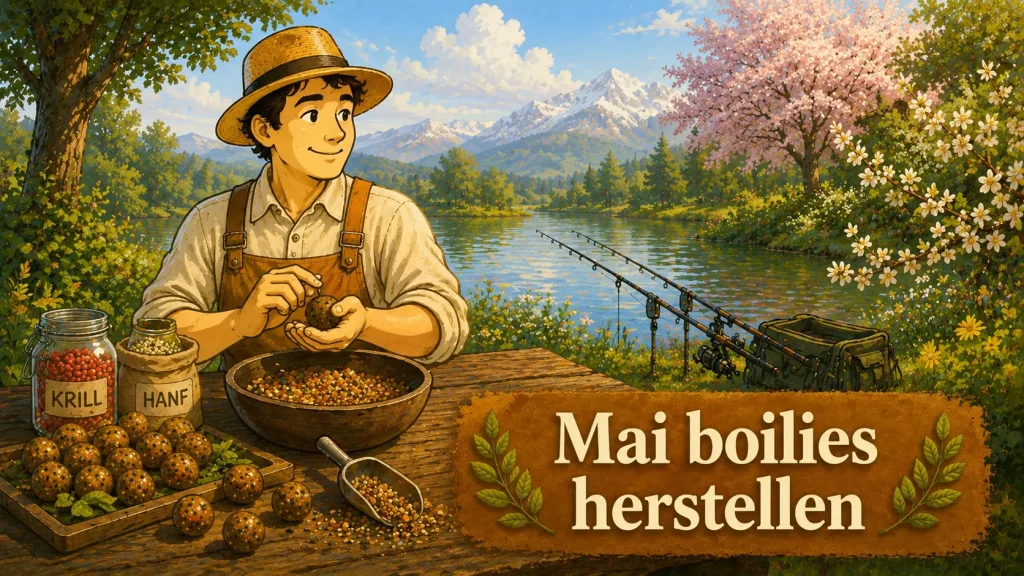 Selbst gemachte Boilies am Angelplatz mit Hanf, Krill und Karpfenruten am See