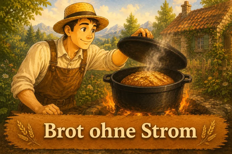 Frisch gebackenes Brot im Dutch Oven über offenem Feuer ohne Strom zubereitet