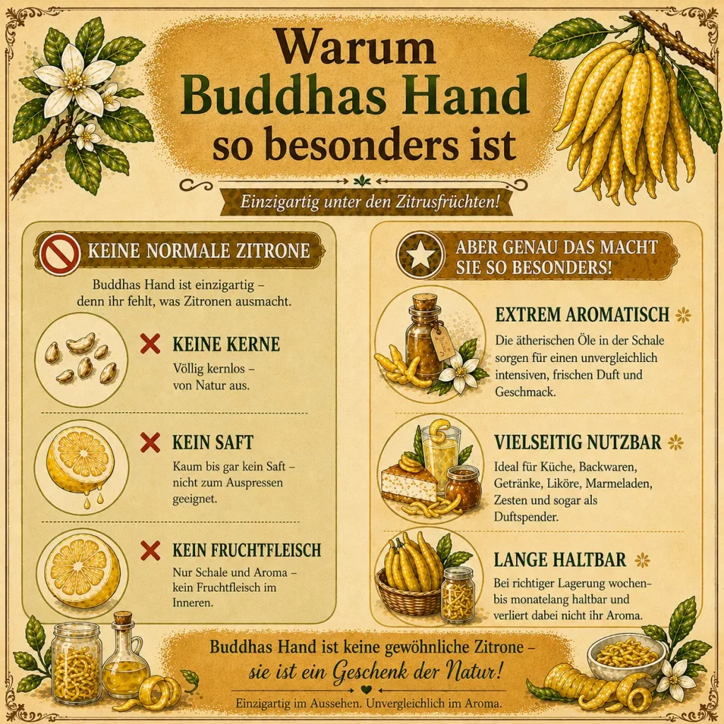 Infografik zu den Besonderheiten der Buddhas Hand im Vergleich zu normalen Zitronen