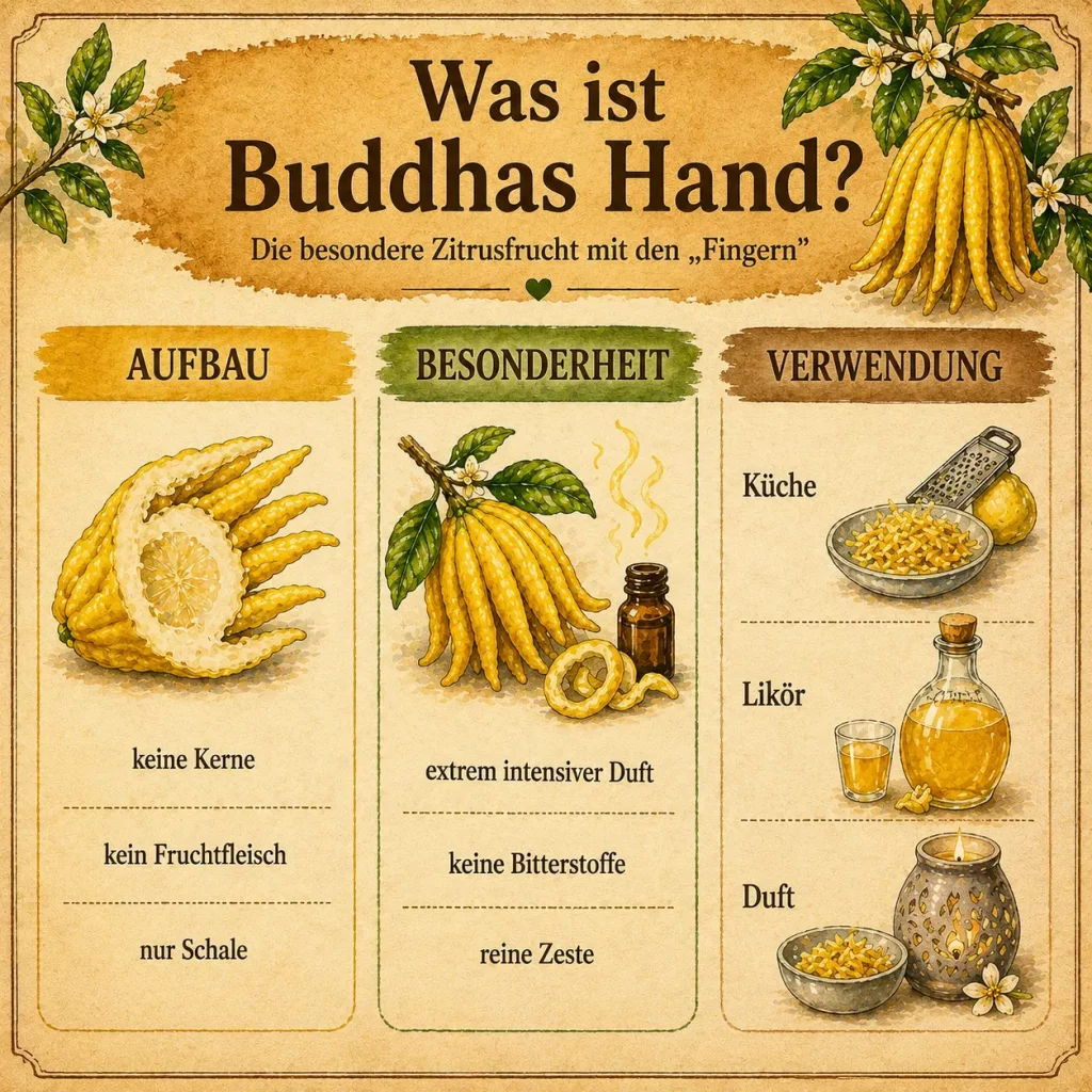 Infografik über Aufbau, Besonderheiten und Verwendung der Buddhas Hand
