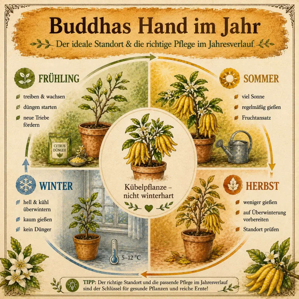 Jahresübersicht zur Pflege der Buddhas Hand im Frühling, Sommer, Herbst und Winter