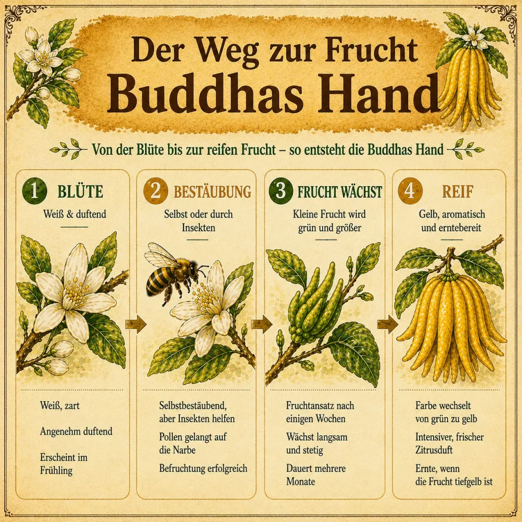 Infografik zum Entwicklungszyklus der Buddha-Hand-Zitrone von der Blüte über die Bestäubung und Fruchtbildung bis zur reifen gelben Frucht.
