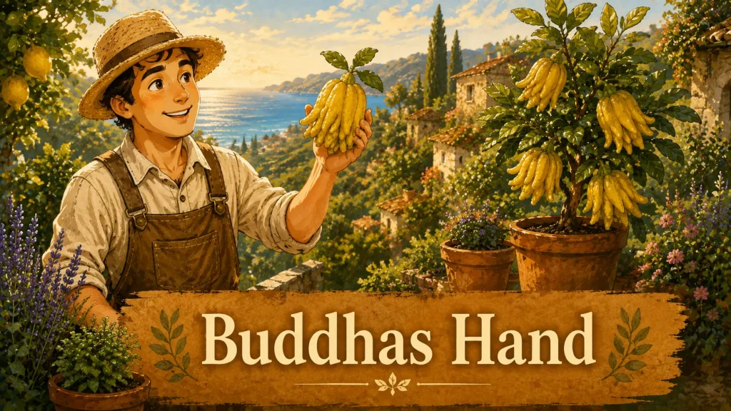 Selbstversorger betrachtet die exotische Zitrusfrucht Buddhas Hand an einem Kübelbaum in mediterraner Gartenlandschaft
