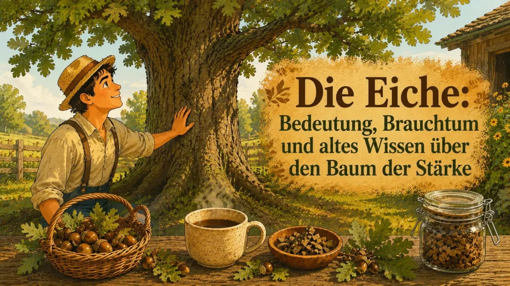 Eiche als Symbol für Stärke, Brauchtum und altes Naturwissen mit Eicheln und Eichenrinde