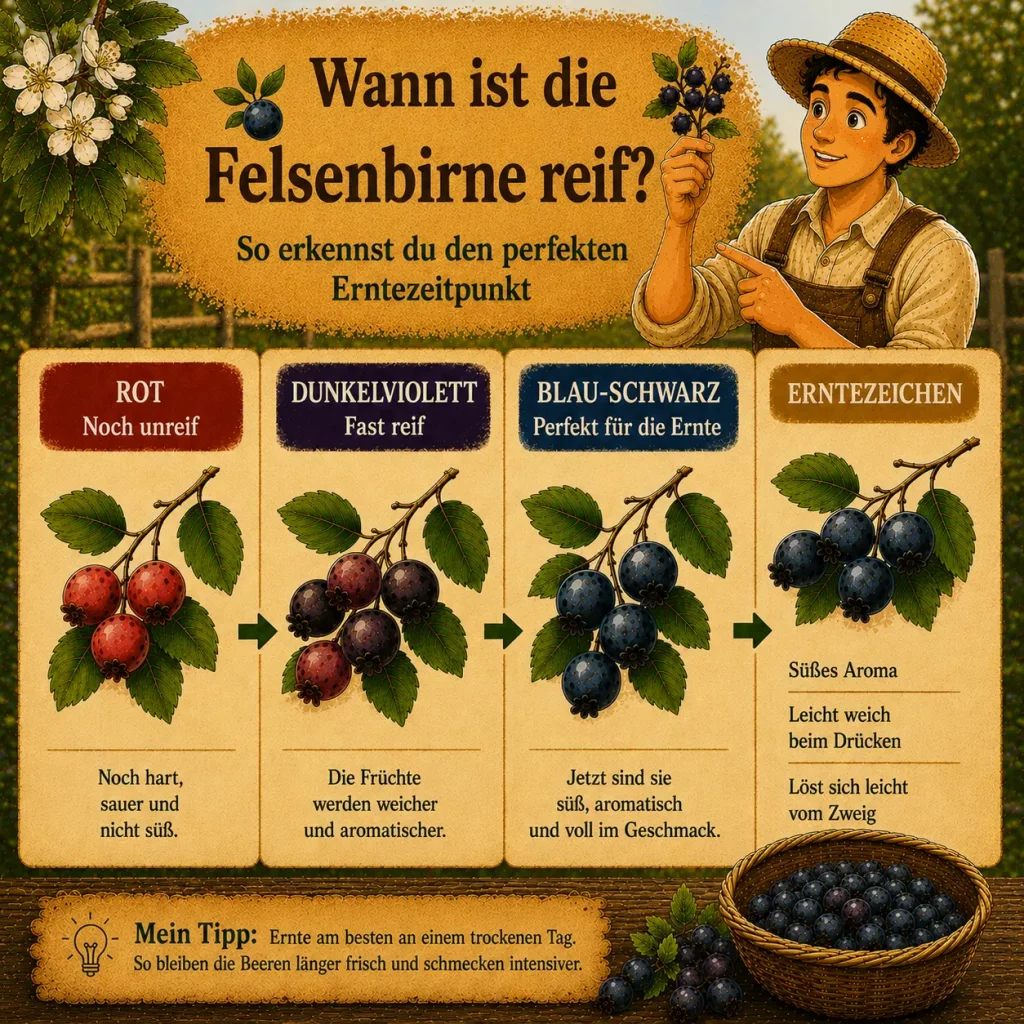 Felsenbirnen in verschiedenen Reifestadien von rot bis blau-schwarz