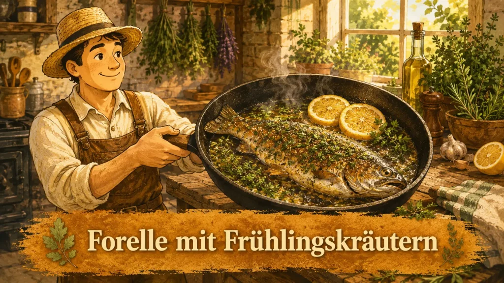 Forelle mit frischen Frühlingskräutern in einer Pfanne in einer rustikalen Landküche