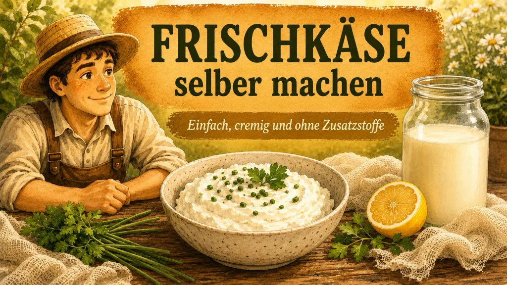 Frischkäse selber machen mit Milch, Zitronensaft und frischen Kräutern im Selbstversorger-Stil