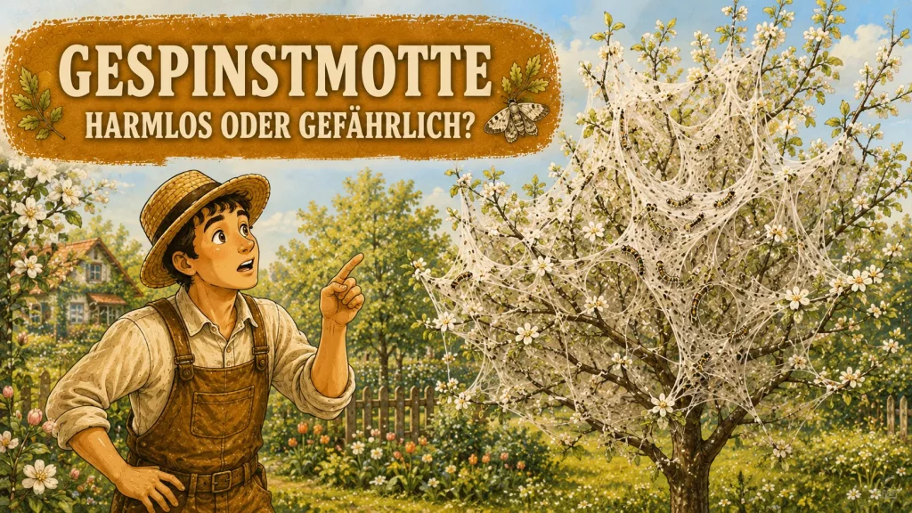 Maskottchen zeigt auf einen von Gespinstmotten eingesponnenen Obstbaum im Garten