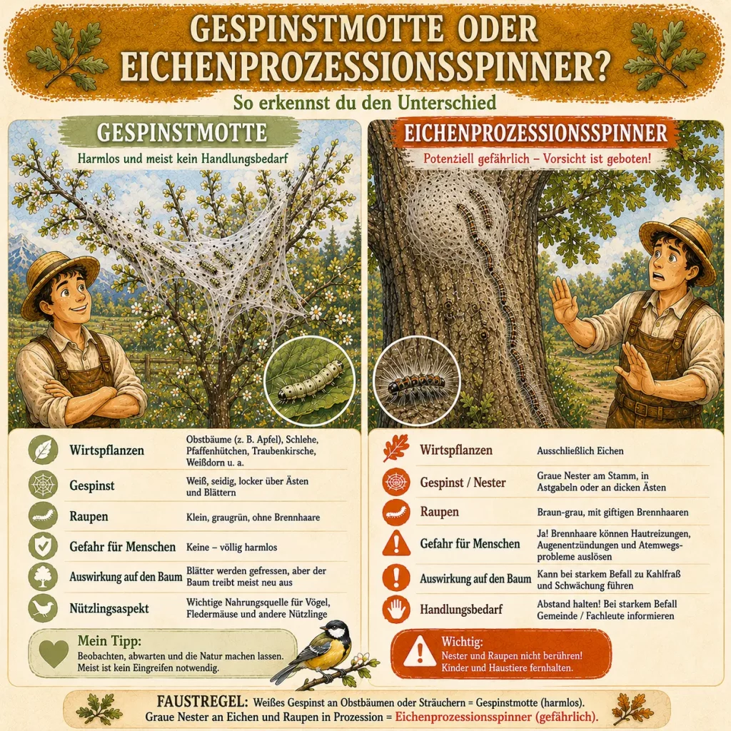 Vergleich zwischen Gespinstmotte und Eichenprozessionsspinner mit den wichtigsten Unterschieden