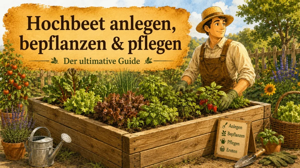 Selbstversorger bepflanzt ein Hochbeet mit Gemüse und Kräutern und zeigt die wichtigsten Schritte von Anlage bis Pflege