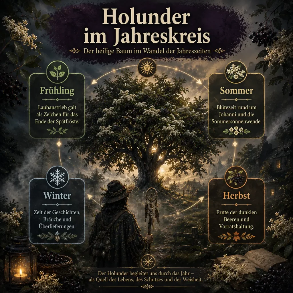 Infografik zum Holunder im Jahreskreis mit Frühling, Sommer, Herbst und Winter sowie traditionellen Naturbeobachtungen