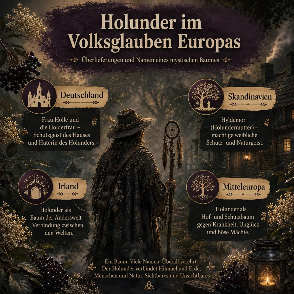 Infografik über den Holunder im europäischen Volksglauben mit Frau Holle, Hyldemor und keltischen Überlieferungen
