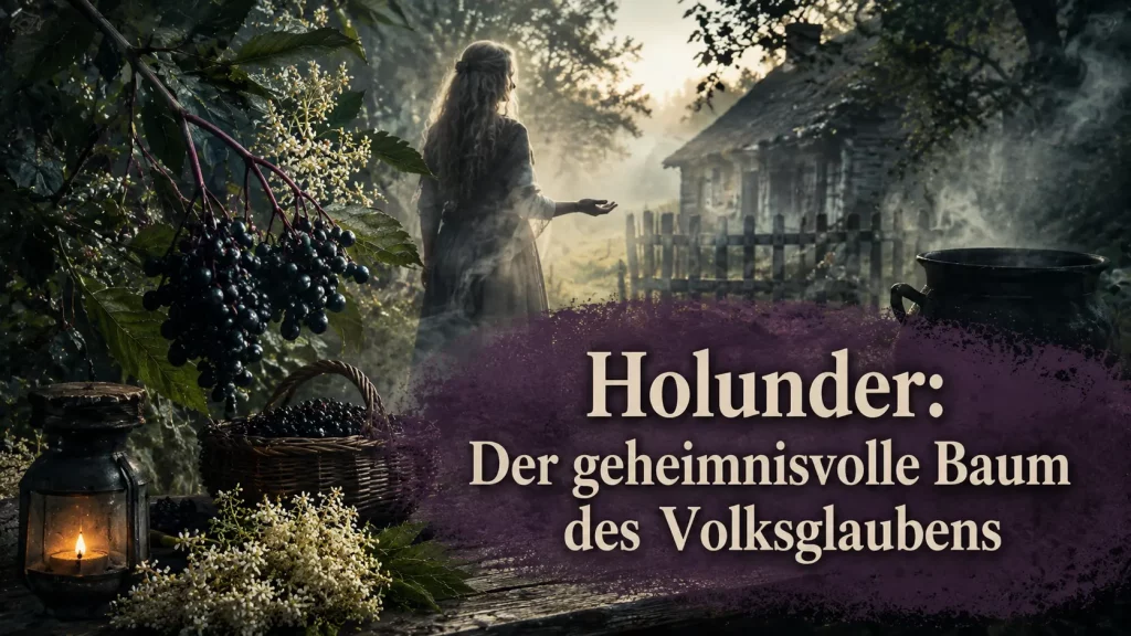Holunderbeeren und Holunderblüten vor einem alten Bauernhaus im Nebel mit einer geheimnisvollen Frauengestalt im Hintergrund