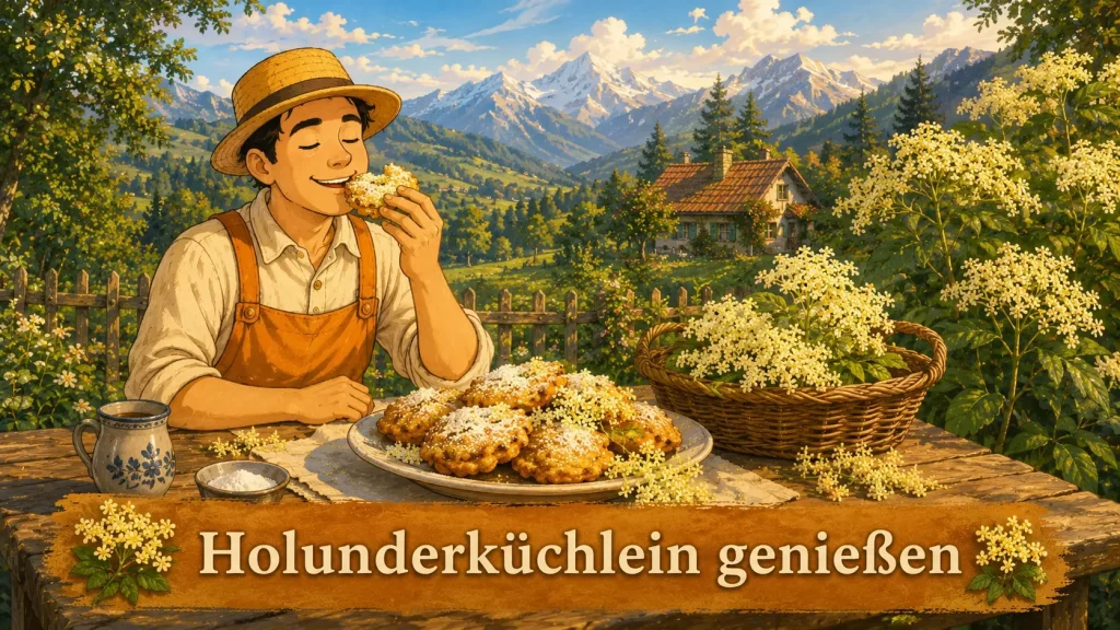 Frisch gebackene Holunderküchlein mit Holunderblüten auf einem Tisch im Selbstversorger-Garten