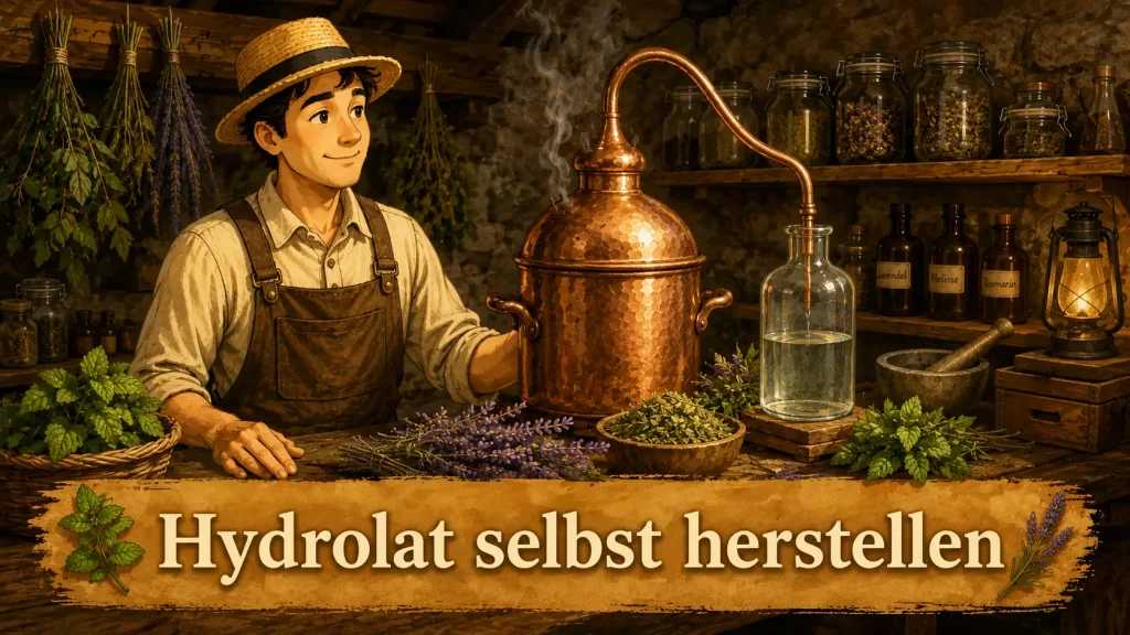 Kupferdestille zur Herstellung von Kräuterhydrolaten mit Melisse und Lavendel in einer Kräuterküche