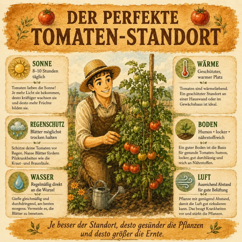 Infografik zum perfekten Tomaten-Standort mit den wichtigsten Voraussetzungen für gesunde Pflanzen und eine reiche Ernte.
