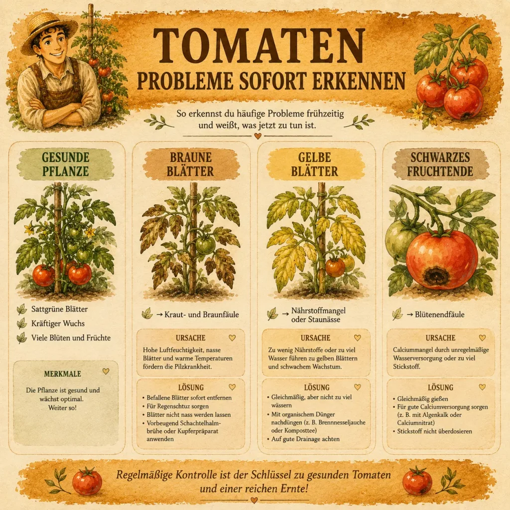 Infografik mit den häufigsten Tomatenproblemen wie gelben Blättern, Braunfäule und Blütenendfäule sowie passenden Lösungen.