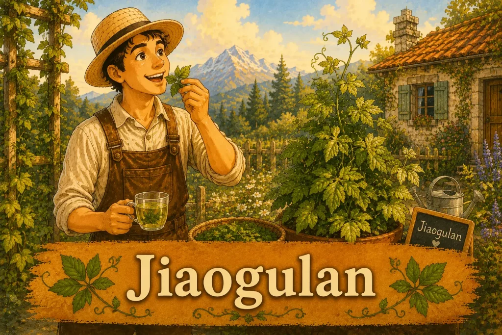 Jiaogulan Pflanze im Garten mit frisch geernteten Blättern und rankenden Trieben