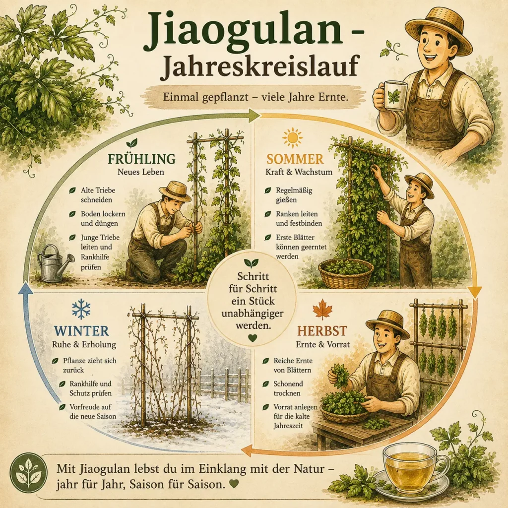 Jiaogulan Jahreskreislauf mit Frühling, Sommer, Herbst und Winter im Selbstversorgergarten