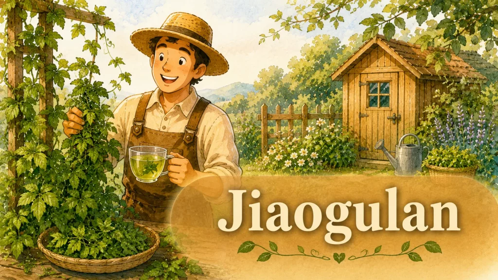 Jiaogulan Pflanze im Selbstversorgergarten mit Maskottchen und frisch aufgebrühtem Kräutertee