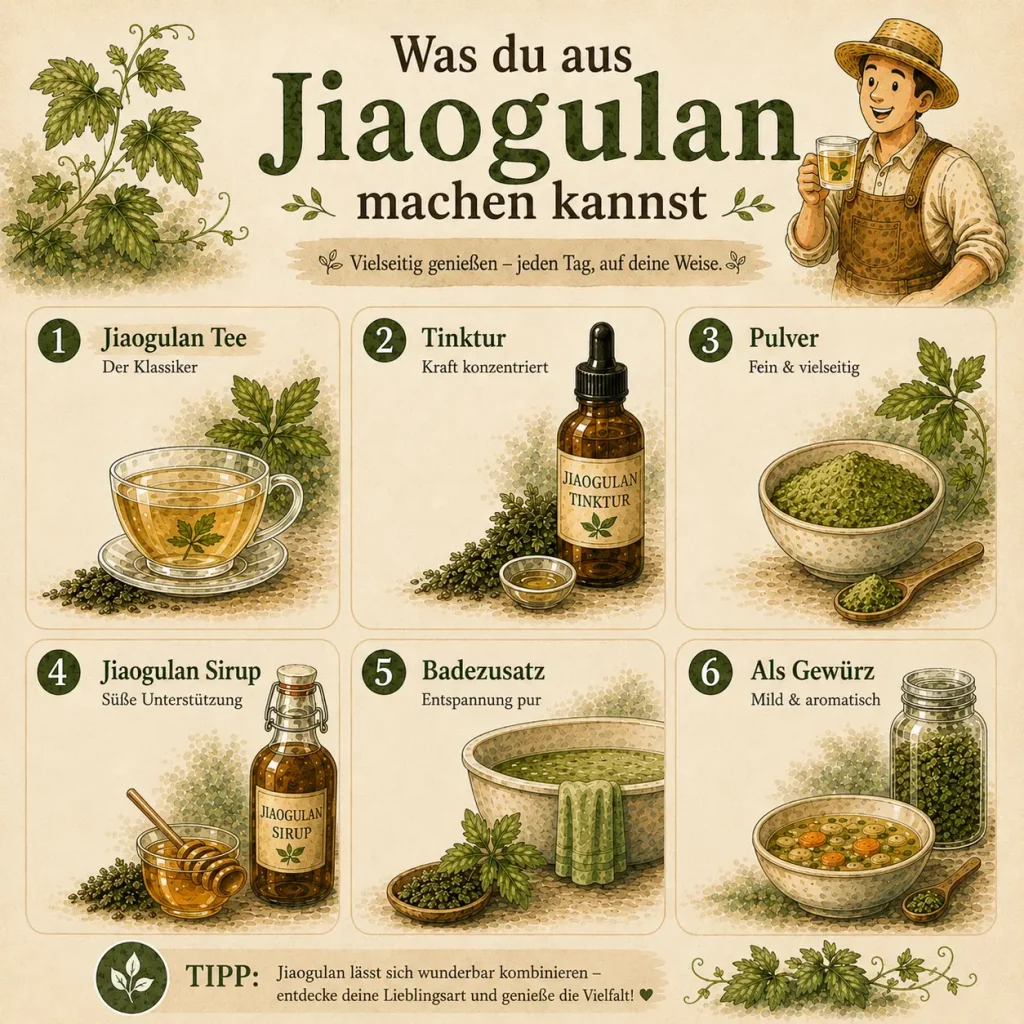 Möglichkeiten zur Verarbeitung von Jiaogulan wie Tee, Sirup, Pulver und Kräuterbad