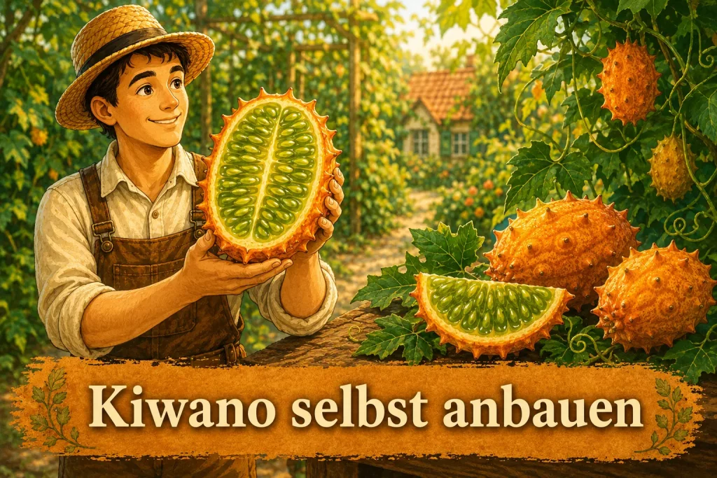 Kiwano Frucht an der Pflanze mit aufgeschnittener Horngurke im Selbstversorger-Garten