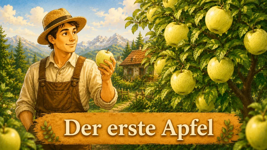 Klarapfel am Apfelbaum mit frühen reifen Früchten im sommerlichen Obstgarten