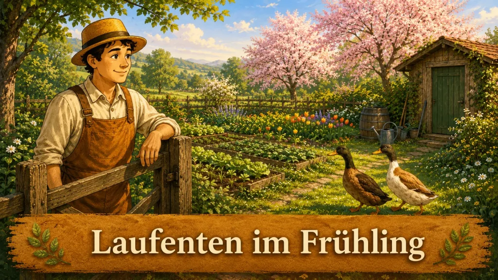 Laufenten im Frühlingsgarten mit Gemüsebeeten und blühender Obstbaumkulisse