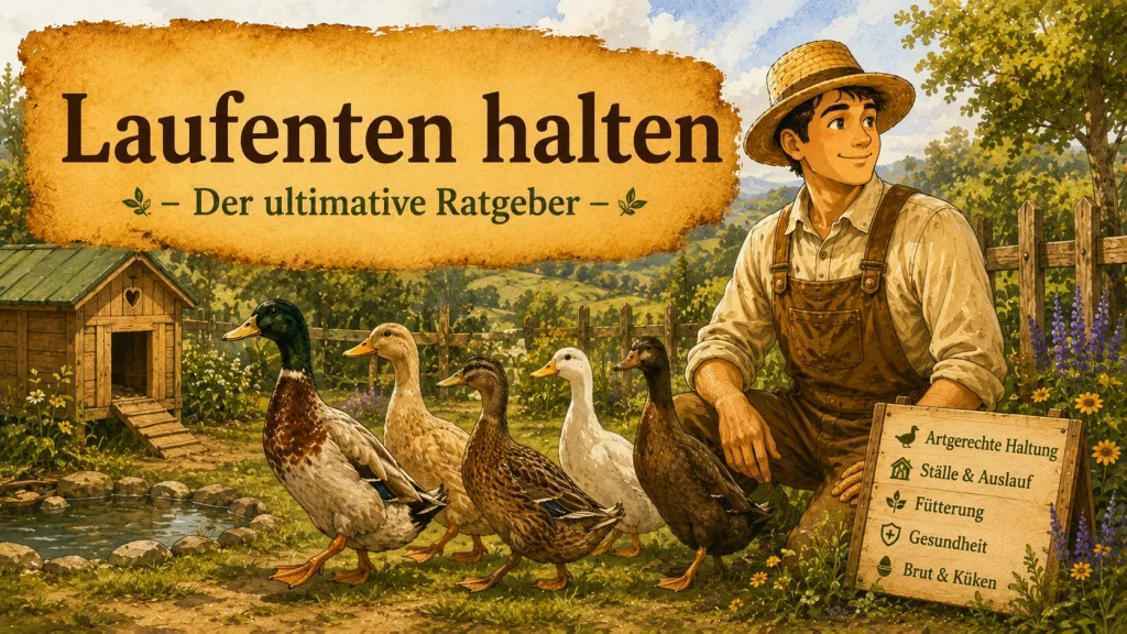 Selbstversorger mit einer Gruppe Laufenten im Garten und Informationen zur artgerechten Haltung, Fütterung und Pflege