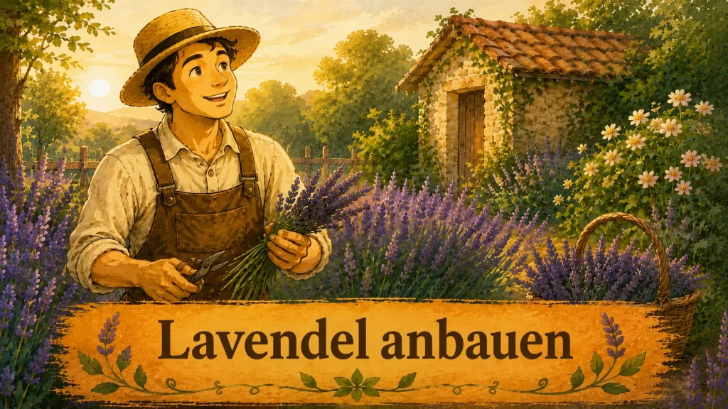 Lavendel im Garten ernten mit blühenden Lavendelpflanzen und frisch geschnittenen Blütenständen