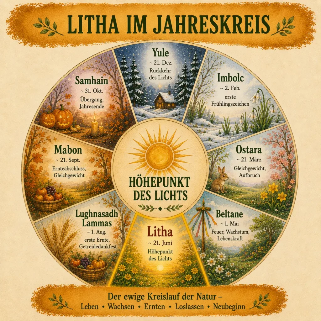 Jahreskreis mit den acht Festen Yule, Imbolc, Ostara, Beltane, Litha, Lughnasadh, Mabon und Samhain. Litha ist als Höhepunkt des Lichts hervorgehoben.