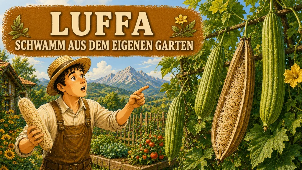 Luffa Pflanze an Rankhilfe mit reifen und unreifen Früchten sowie Naturschwamm aus dem eigenen Garten