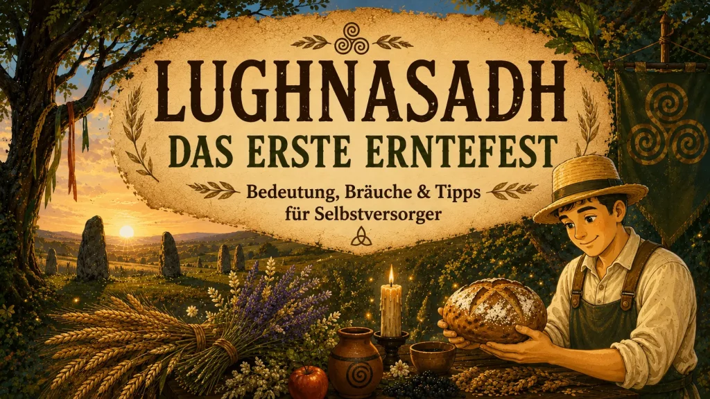 Lughnasadh – das erste keltische Erntefest mit Brot, Getreide und Selbstversorger-Maskottchen bei Sonnenuntergang.