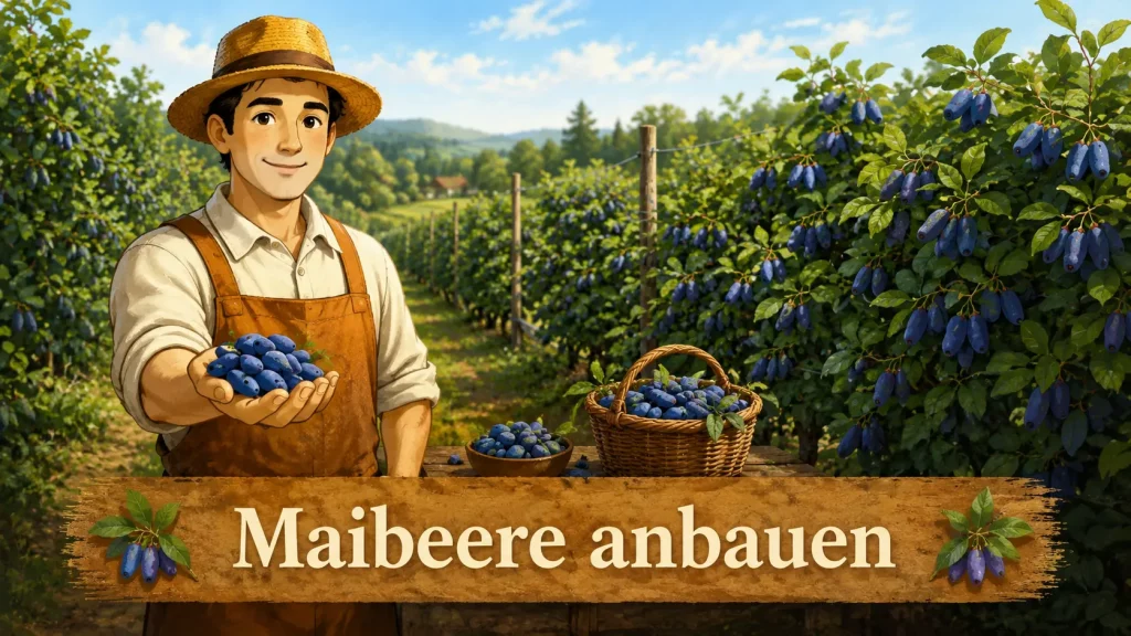 Reife Maibeeren am Strauch mit frisch geernteten Früchten im Selbstversorger-Garten