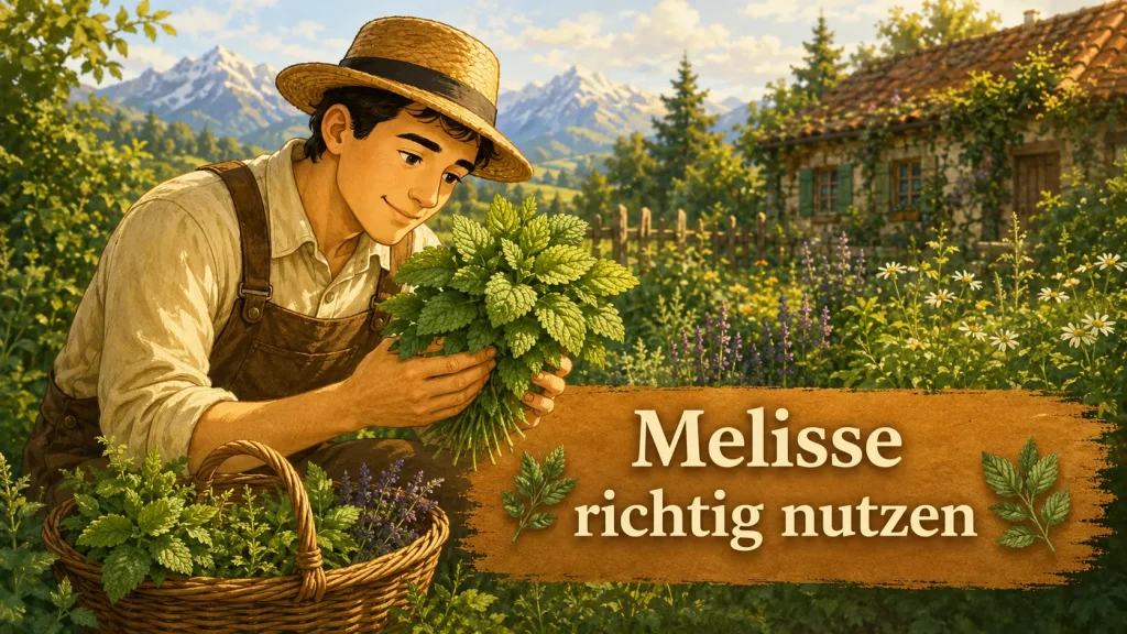 Frisch geerntete Zitronenmelisse im Kräutergarten mit gebündelten Melisseblättern im Korb