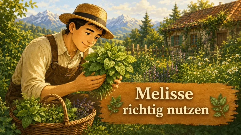Frisch geerntete Zitronenmelisse im Kräutergarten mit gebündelten Melisseblättern im Korb