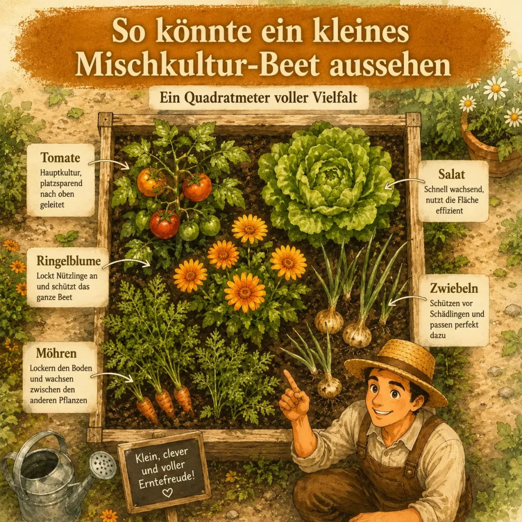 Beispiel für ein Mischkultur-Beet mit Ringelblumen, Tomaten, Salat, Möhren und Zwiebeln