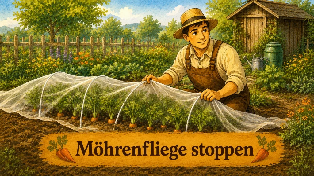 Gemüsegärtner schützt Möhren mit einem Gemüseschutznetz vor der Möhrenfliege im Selbstversorger-Garten