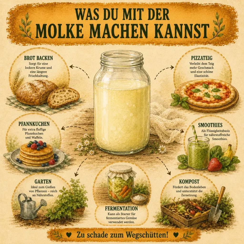 Infografik mit Ideen zur Verwendung von Molke beim Backen, Fermentieren, im Garten und für Smoothies