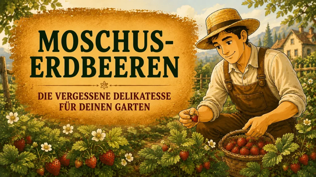 Maskottchen erntet Moschus-Erdbeeren im Garten. Titelbild zum Ratgeber über Anbau, Pflege, Sorten und das besondere Aroma der Moschus-Erdbeere.