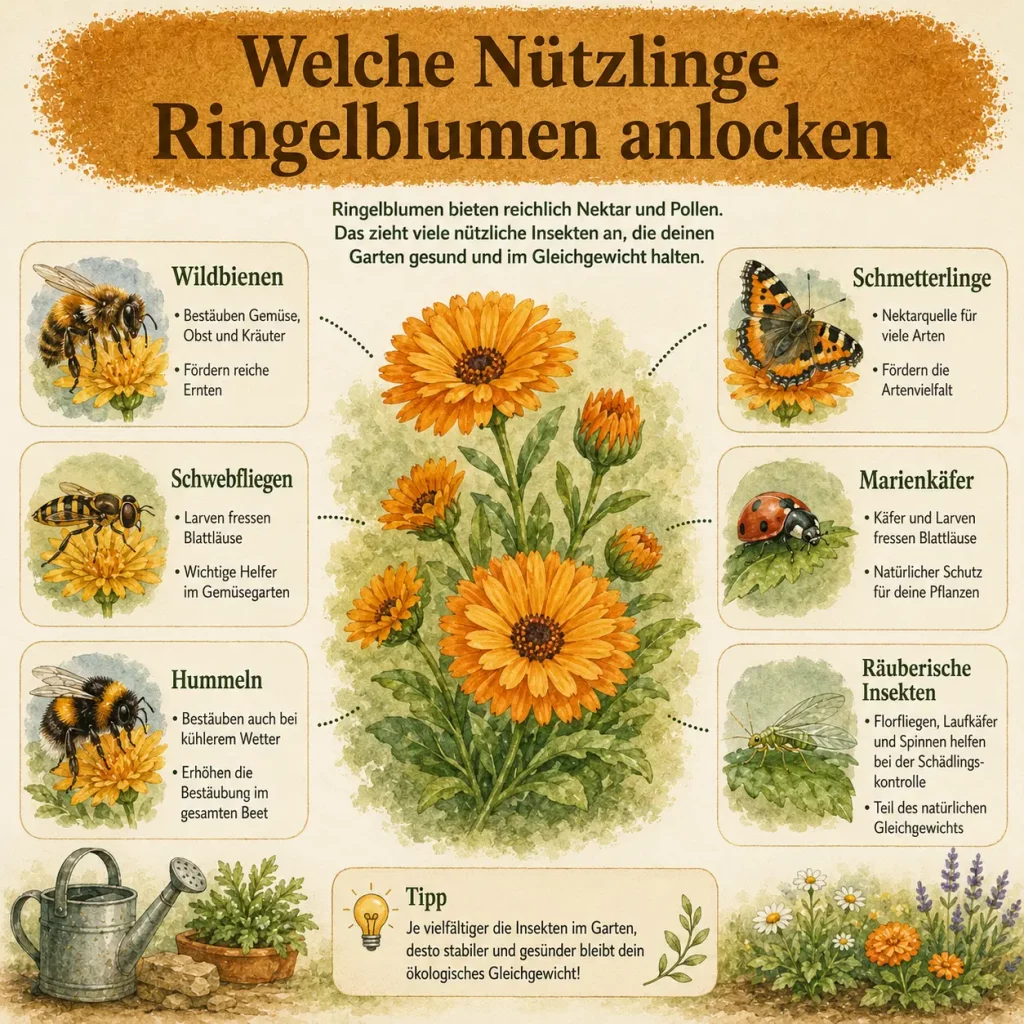 Infografik zu Wildbienen, Hummeln, Schwebfliegen und weiteren Nützlingen an Ringelblumen