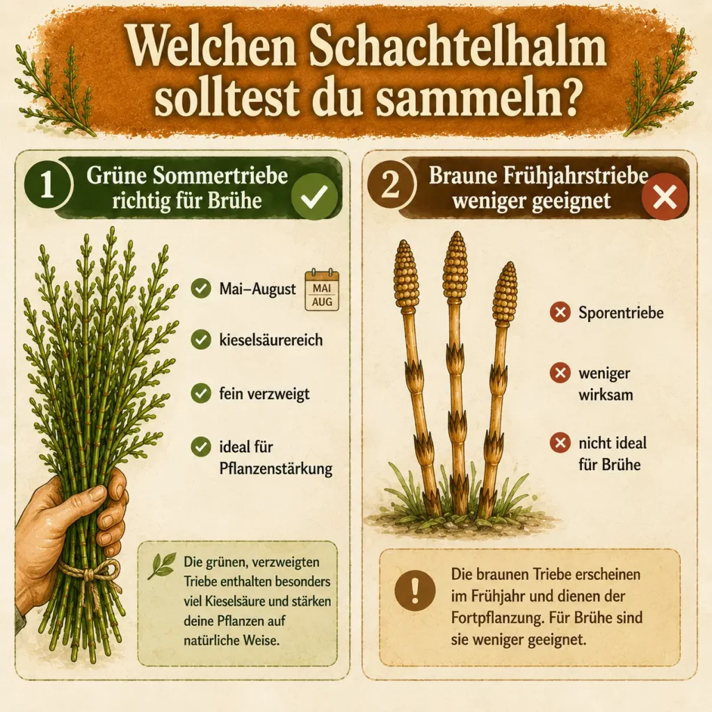 Infografik zu grünem und braunem Schachtelhalm für die Herstellung von Schachtelhalmbrühe