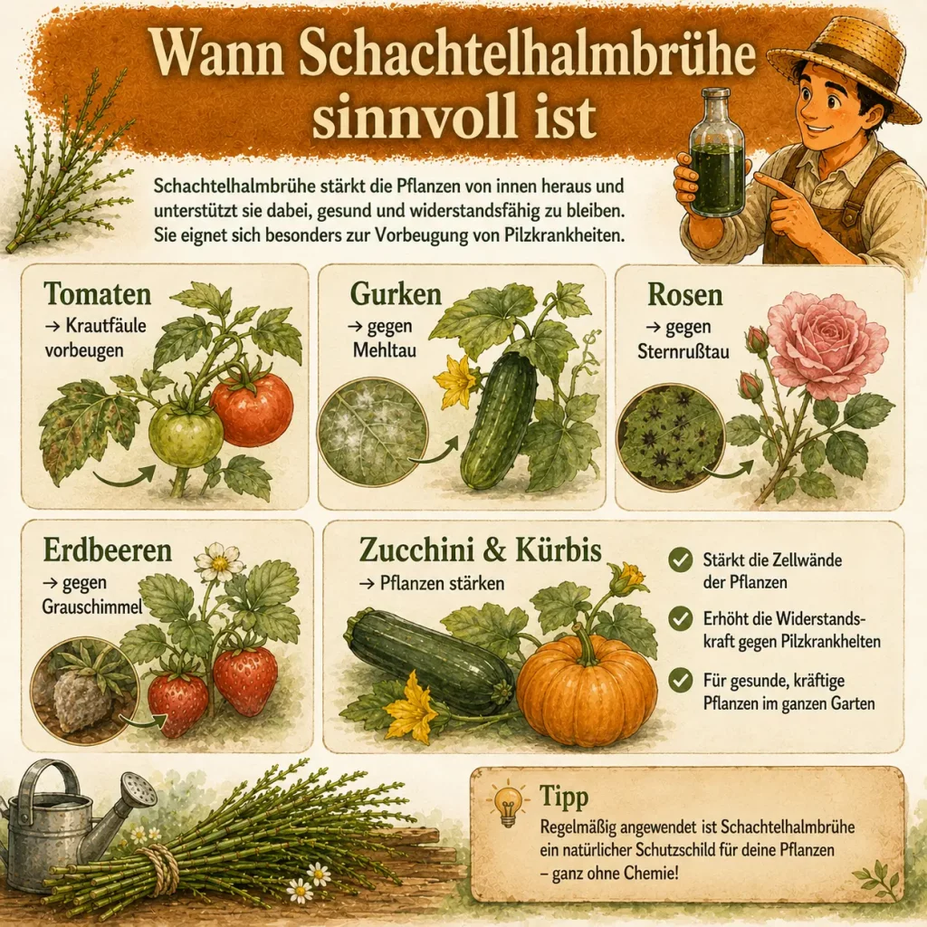 Infografik zur Anwendung von Schachtelhalmbrühe bei Tomaten, Gurken, Rosen, Erdbeeren und Zucchini