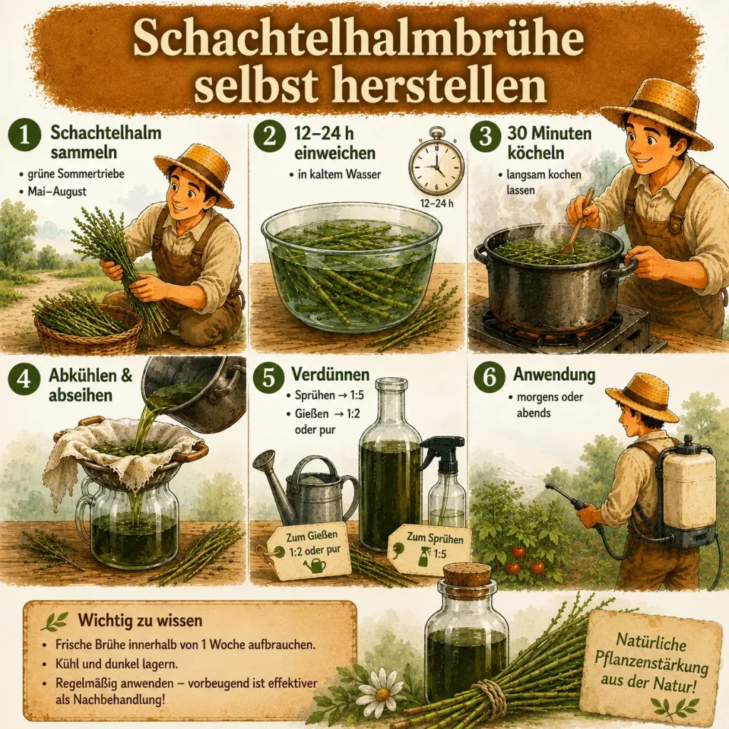 Infografik zur Herstellung von Schachtelhalmbrühe mit Anleitung zum Einweichen, Kochen und Verdünnen