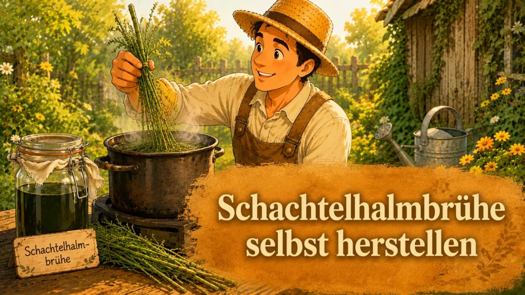 Selbstversorger kocht Schachtelhalmbrühe im Garten als natürliches Pflanzenstärkungsmittel