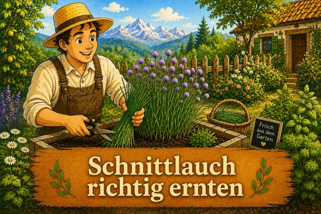 Schnittlauch im Hochbeet bei der Ernte mit frischen Halmen und violetten Blüten im Kräutergarten