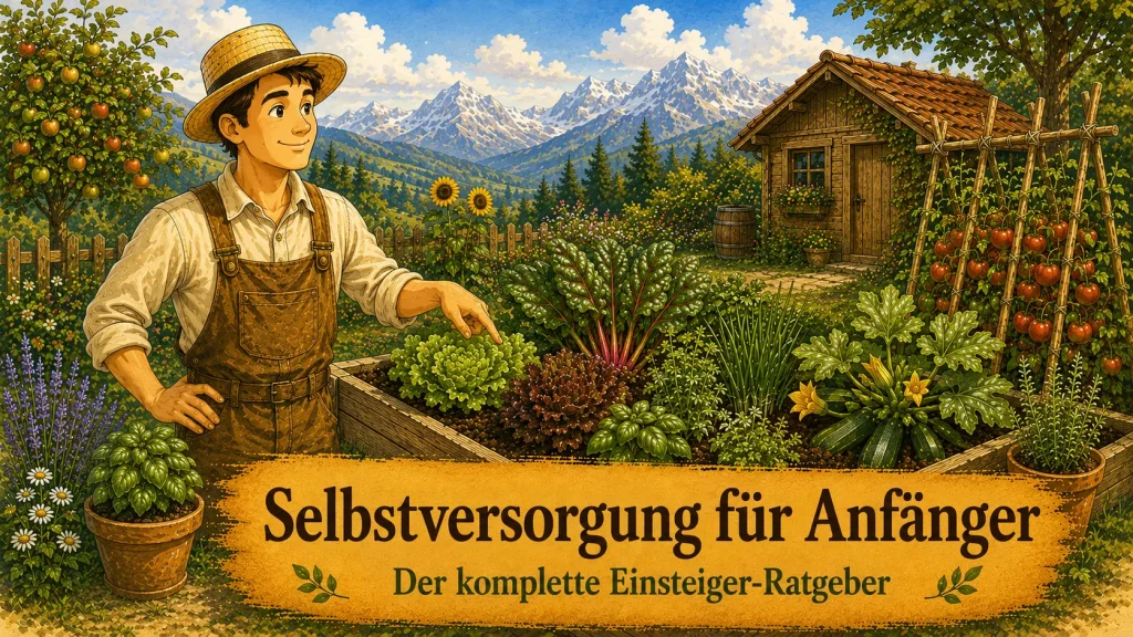 Selbstversorger zeigt ein vielfältig bepflanztes Gemüsebeet mit Salat, Kräutern, Tomaten und Zucchini vor Alpenkulisse